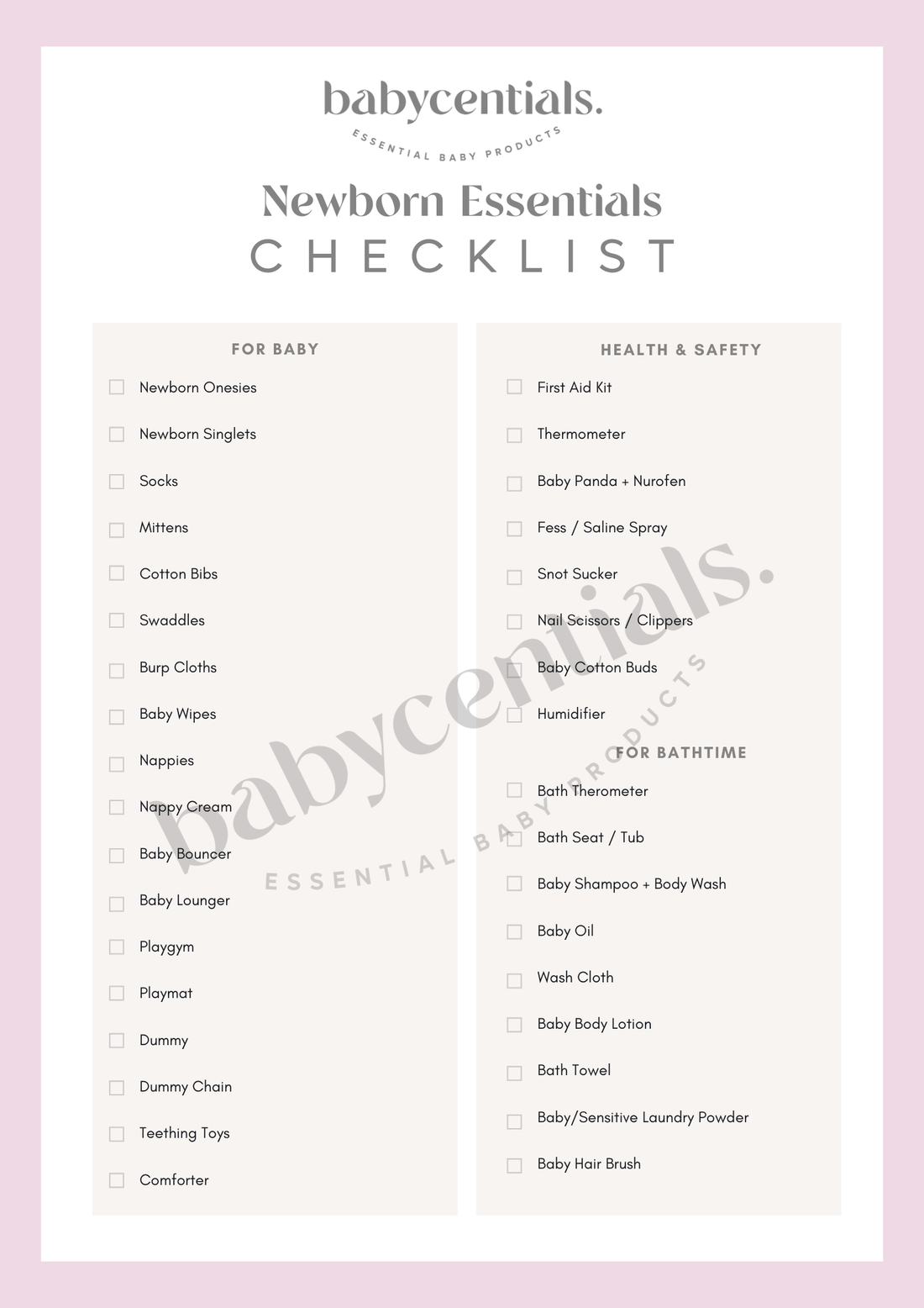 Babycentials Newborn Essentials Checklist