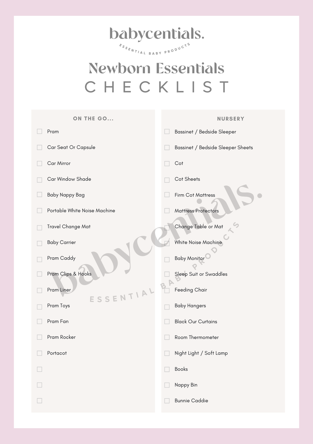 Babycentials Newborn Essentials Checklist